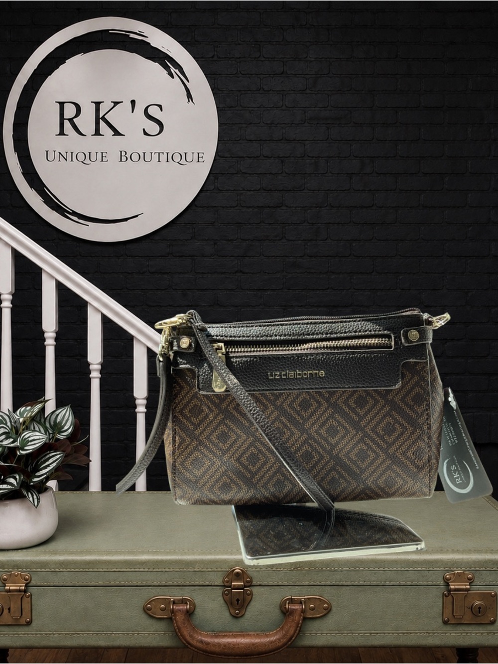 Liz Claiborne Brown and Black Diamond-Print Crossbody Bag